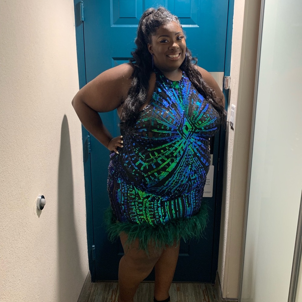 Green and blue sequin dress